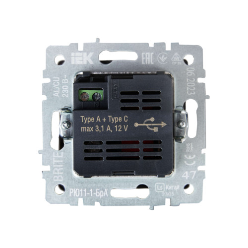 BRITE Розетка USB A+C 18Вт РЮ11-1-БрА алюминий IEK
