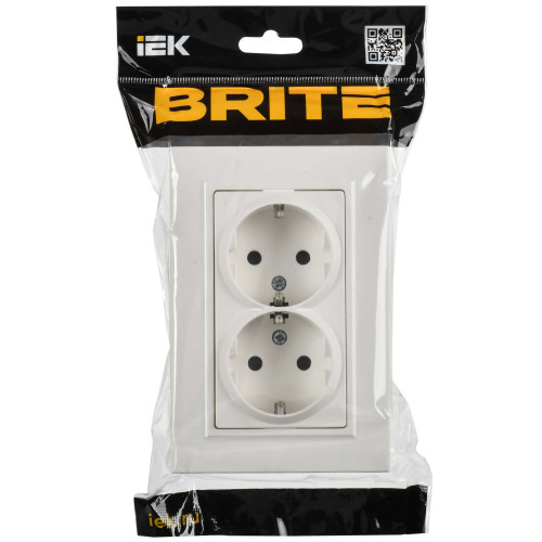 BRITE Розетка 2-местная с заземлением с защитными шторками плоская 16А в сборе РСшПл12-3-БрБ белый IEK