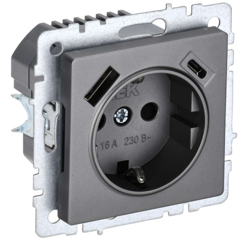 BRITE Розетка 1-местная с заземлением с защитными шторками 16А с USB A+C 18Вт РЮш11-1-БрС сталь IEK