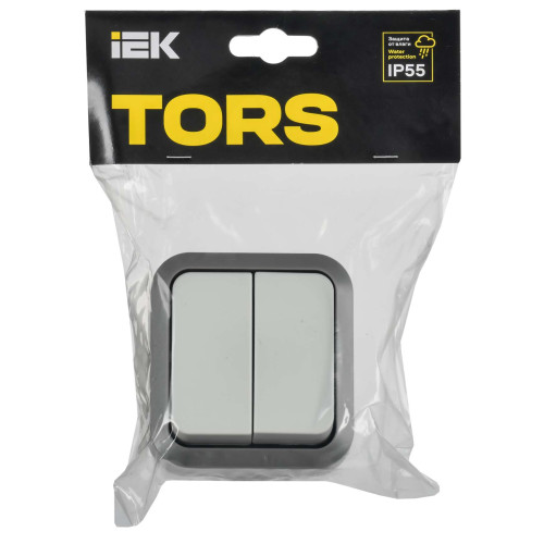 TORS Выключатель двухклавишный проходной 10А IP55 TS225 сер-бел IEK