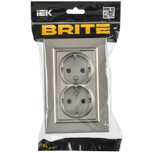 BRITE Розетка 2-местная с заземлением с защитными шторками плоская 16А в сборе РСшПл12-3-БрШ шампань IEK