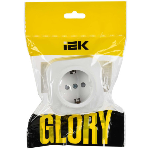 GLORY Розетка 1-местная для открытой установки с заземлением с защитными шторками 16А РСш20-3-ХБм белый матовый IEK