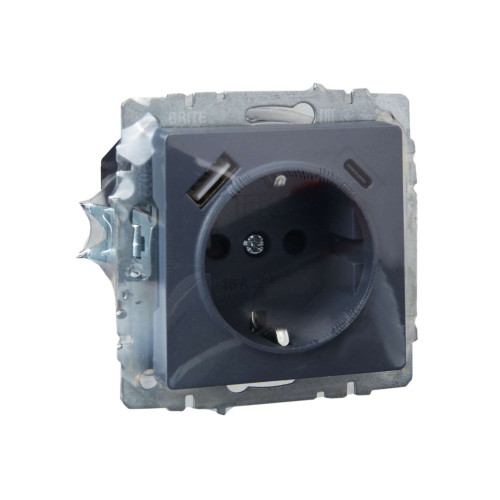 BRITE Розетка 1-местная с заземлением с защитными шторками 16А с USB A+C 18Вт РЮш11-1-БрМ маренго IEK