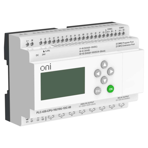 ПЛК 430 Модуль ЦПУ 4 DI 12 UI (0-10 В/DI) 8 RO 2 AO (1 шт 0-10 В и 1 шт 0-20 мА) 24В DC с Ethernet портом с экраном ONI