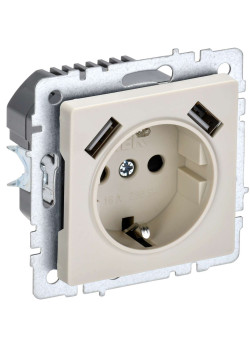 BRITE Розетка 1-местная с заземлением с защитными шторками 16А с USB A+A 5В 2,1А РЮш10-1-БрКр бежевый IEK