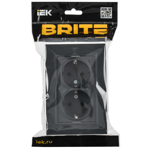 BRITE Розетка 2-местная с заземлением с защитными шторками плоская 16А в сборе РСшПл12-3-БрГ графит IEK