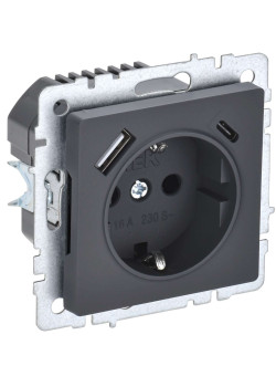 BRITE Розетка 1-местная с заземлением с защитными шторками 16А с USB A+C 18Вт РЮш11-1-БрГ графит IEK