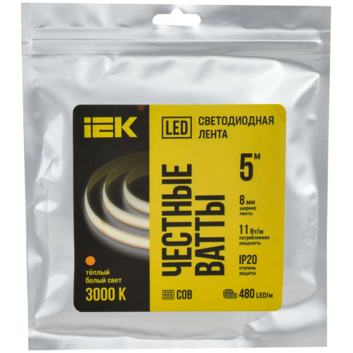 Лента светодиодная 5м COB 480LED/м 11Вт/м IP20 ширина 8мм 24В теплый белый IEK