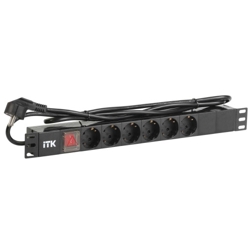 ITK PDU 6 розеток DIN49440 (нем. станд.) с LED выключателем, 1U, шнур 2м вилка DIN49441 (нем. станд.), профиль из ПВХ, черный