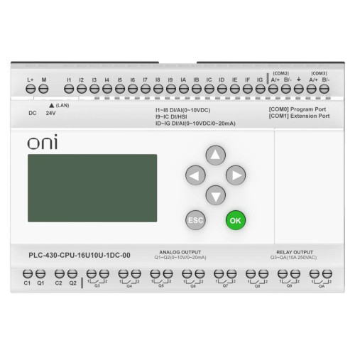 ПЛК 430 Модуль ЦПУ 4 DI 12 UI (0-10 В/DI) 8 RO 2 AO (1 шт 0-10 В и 1 шт 0-20 мА) 24В DC с Ethernet портом с экраном ONI