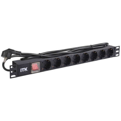 ITK PDU 8 розеток нем. стандарт, с LED выключателем, 1U, шнур 2м вилка нем. стандарт, алюминиевый профиль
