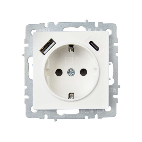 BRITE Розетка 1-местная с заземлением с защитными шторками 16А с USB A+C 18Вт РЮш11-1-БрЖ жемчуг IEK