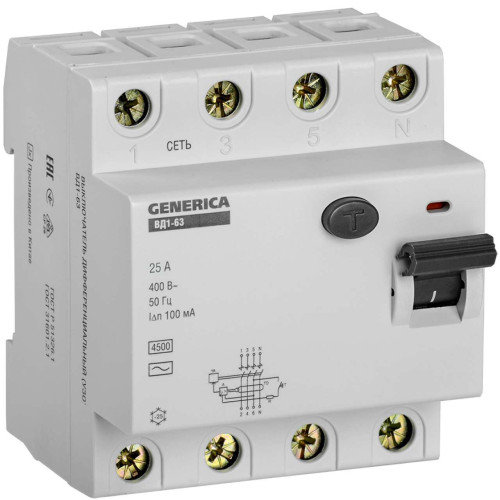Выключатель дифференциальный (УЗО) ВД1-63 4Р 25А 100мА GENERICA