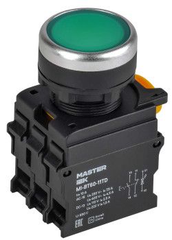 Кнопка с подсветкой и фиксацией d=22мм 1NO+1NC зелёная MASTER IEK