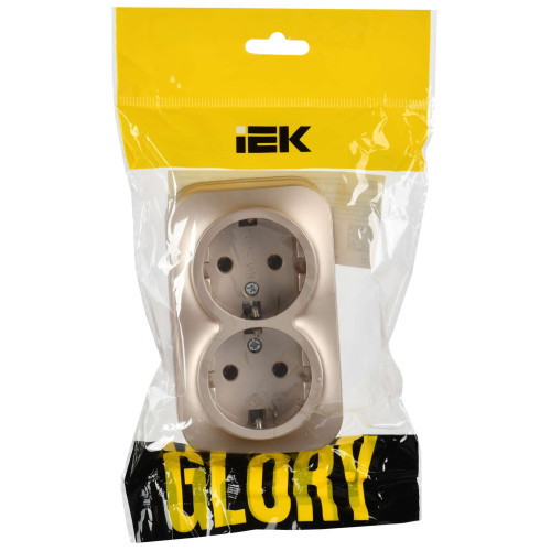 GLORY Розетка 2-местная для открытой установки с заземлением без защитных шторок 16А РС22-3-ХШм шампань матовый IEK