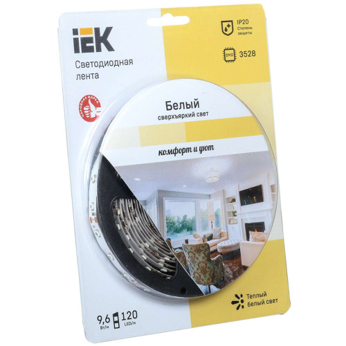 Лента светодиодная 5м блистер LSR-3528WW120-9.6-IP20-12V IEK-eco