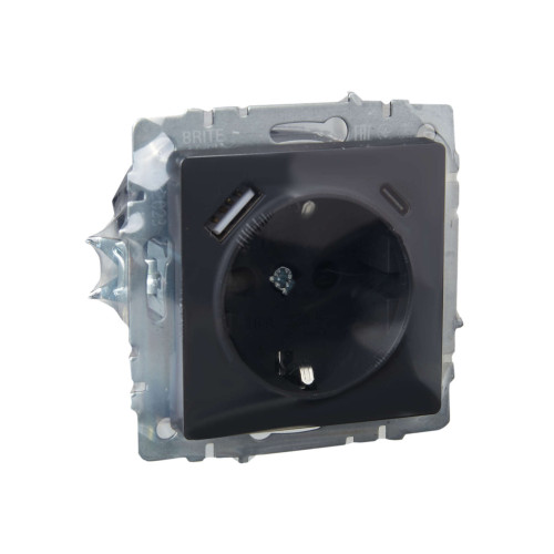 BRITE Розетка 1-местная с заземлением с защитными шторками 16А с USB A+C 18Вт РЮш11-1-БрГ графит IEK